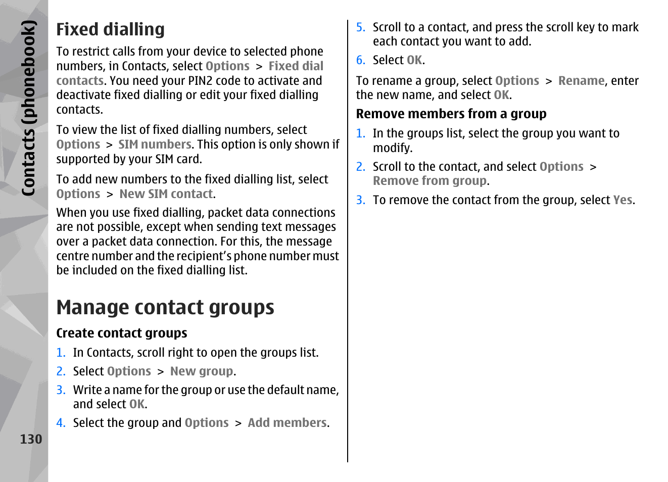 Fixed dialling, Manage contact groups, Contacts (phone boo k) | Nokia N78 User Manual | Page 130 / 368