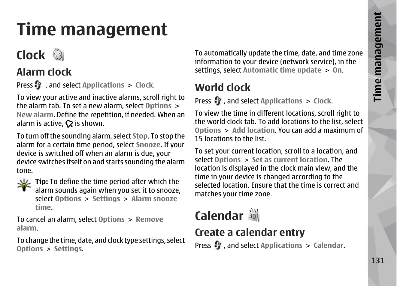 Time management, Clock, Alarm clock | World clock, Calendar, Create a calendar entry, Ti me ma nag eme nt | Nokia N78 User Manual | Page 131 / 368