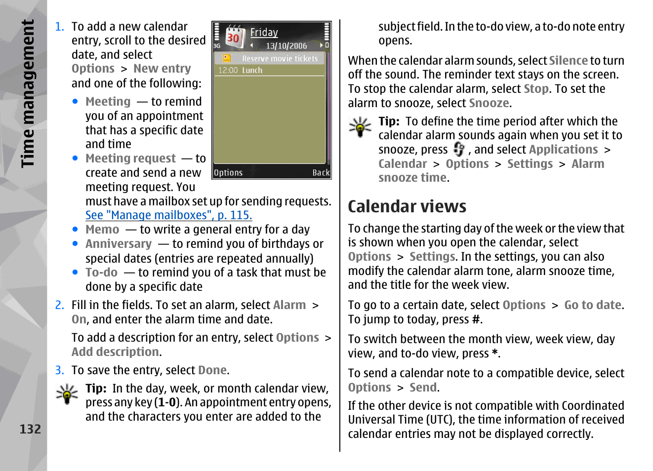 Calendar views, Ti me ma nag eme nt | Nokia N78 User Manual | Page 132 / 368