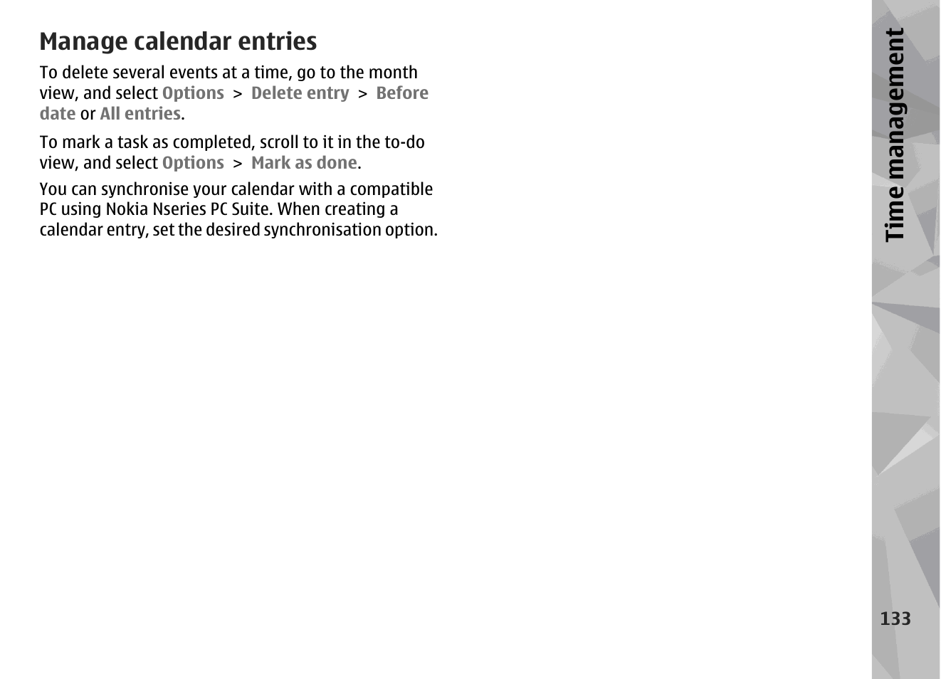 Manage calendar entries, Ti me ma nag eme nt | Nokia N78 User Manual | Page 133 / 368