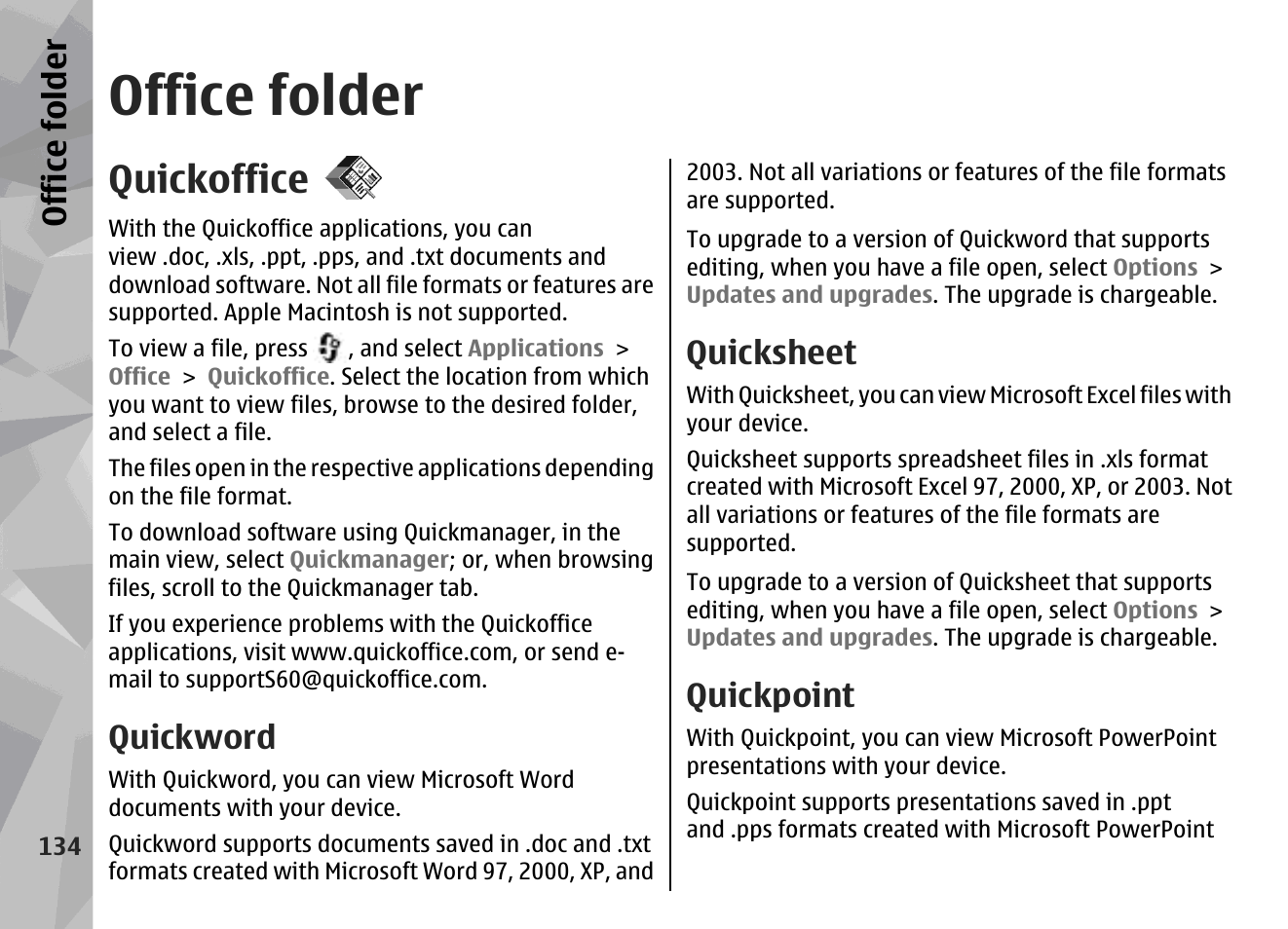 Office folder, Quickoffice, Quickword | Quicksheet, Quickpoint | Nokia N78 User Manual | Page 134 / 368