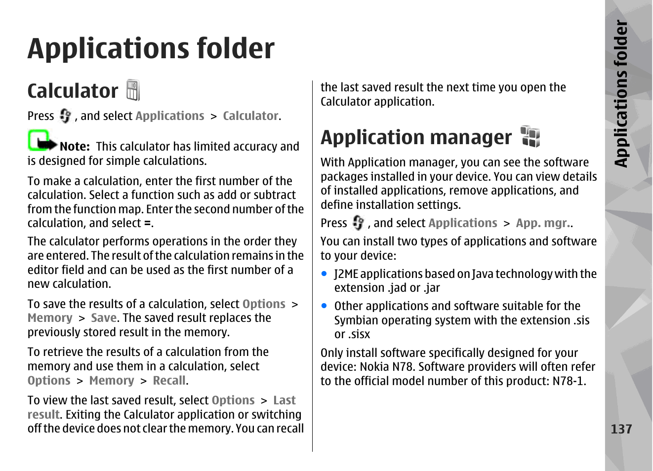 Applications folder, Calculator, Application manager | Appl icati ons fol der | Nokia N78 User Manual | Page 137 / 368