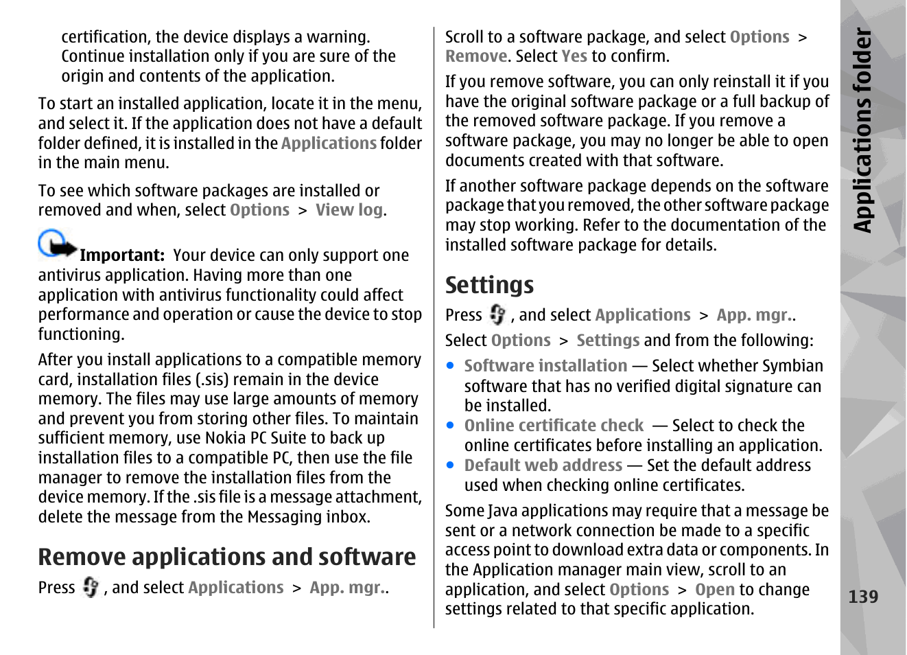 Remove applications and software, Settings, Appl icati ons fol der | Nokia N78 User Manual | Page 139 / 368