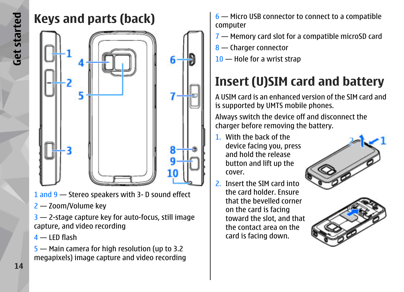 Keys and parts (back), Insert (u)sim card and battery, Get started | Nokia N78 User Manual | Page 14 / 368