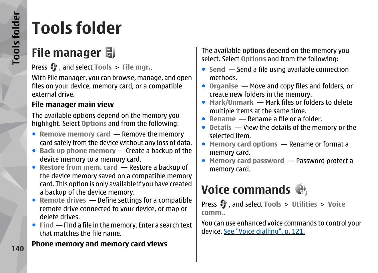Tools folder, File manager, Voice commands | Nokia N78 User Manual | Page 140 / 368