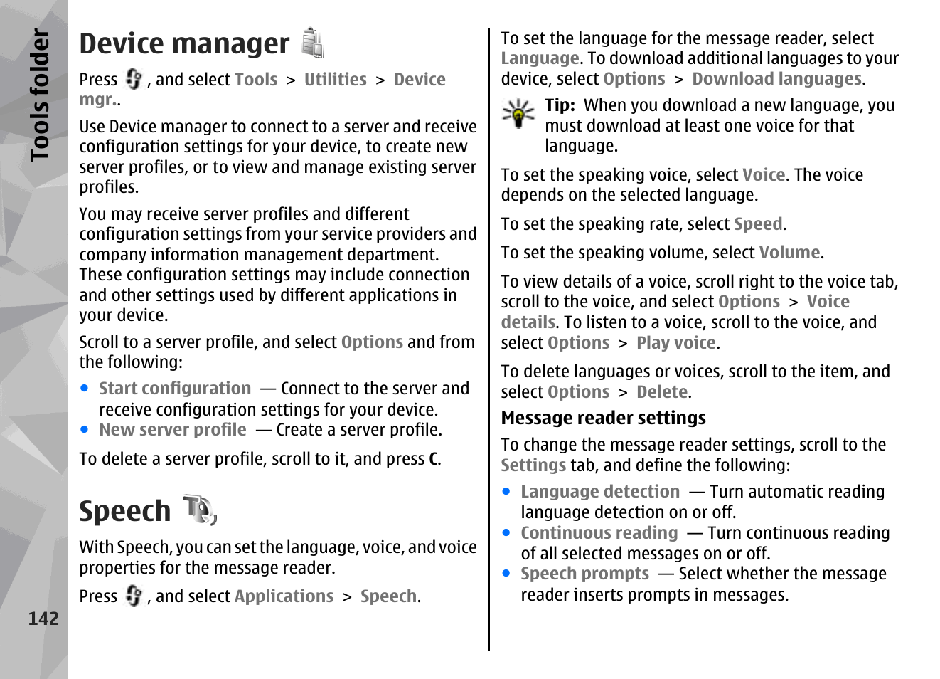 Device manager, Speech, Speech", p. 142 | Nokia N78 User Manual | Page 142 / 368
