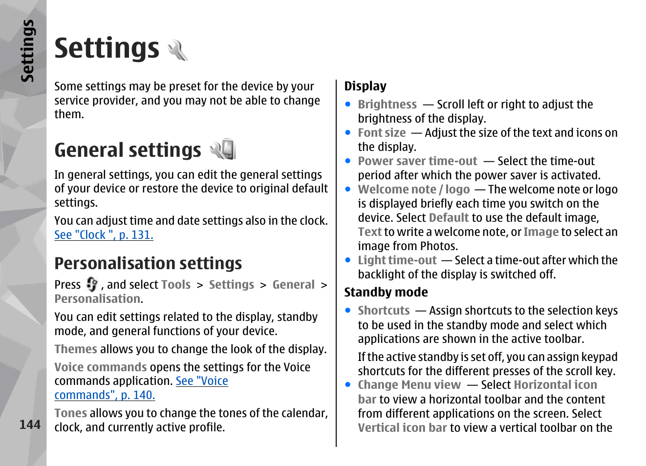 Settings, General settings, Personalisation settings | Se ttings | Nokia N78 User Manual | Page 144 / 368