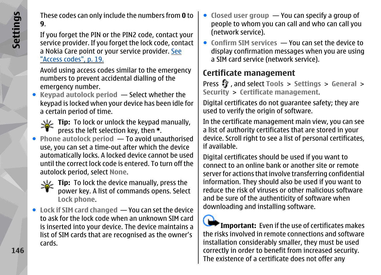 Certificate management, Se ttings | Nokia N78 User Manual | Page 146 / 368