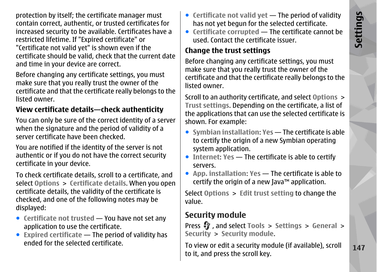 Security module, Se ttings | Nokia N78 User Manual | Page 147 / 368