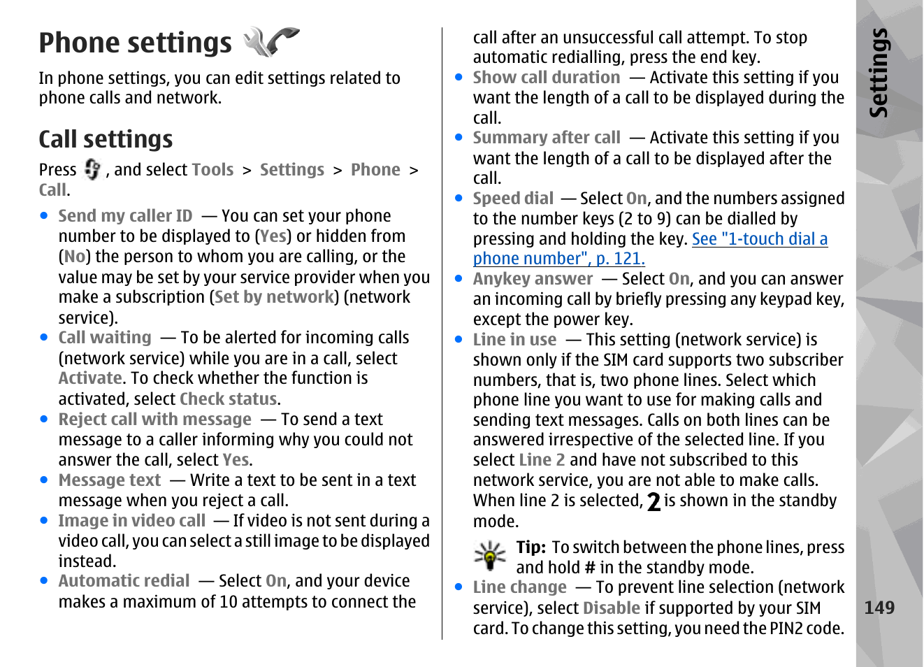Phone settings, Call settings, Se ttings | Nokia N78 User Manual | Page 149 / 368