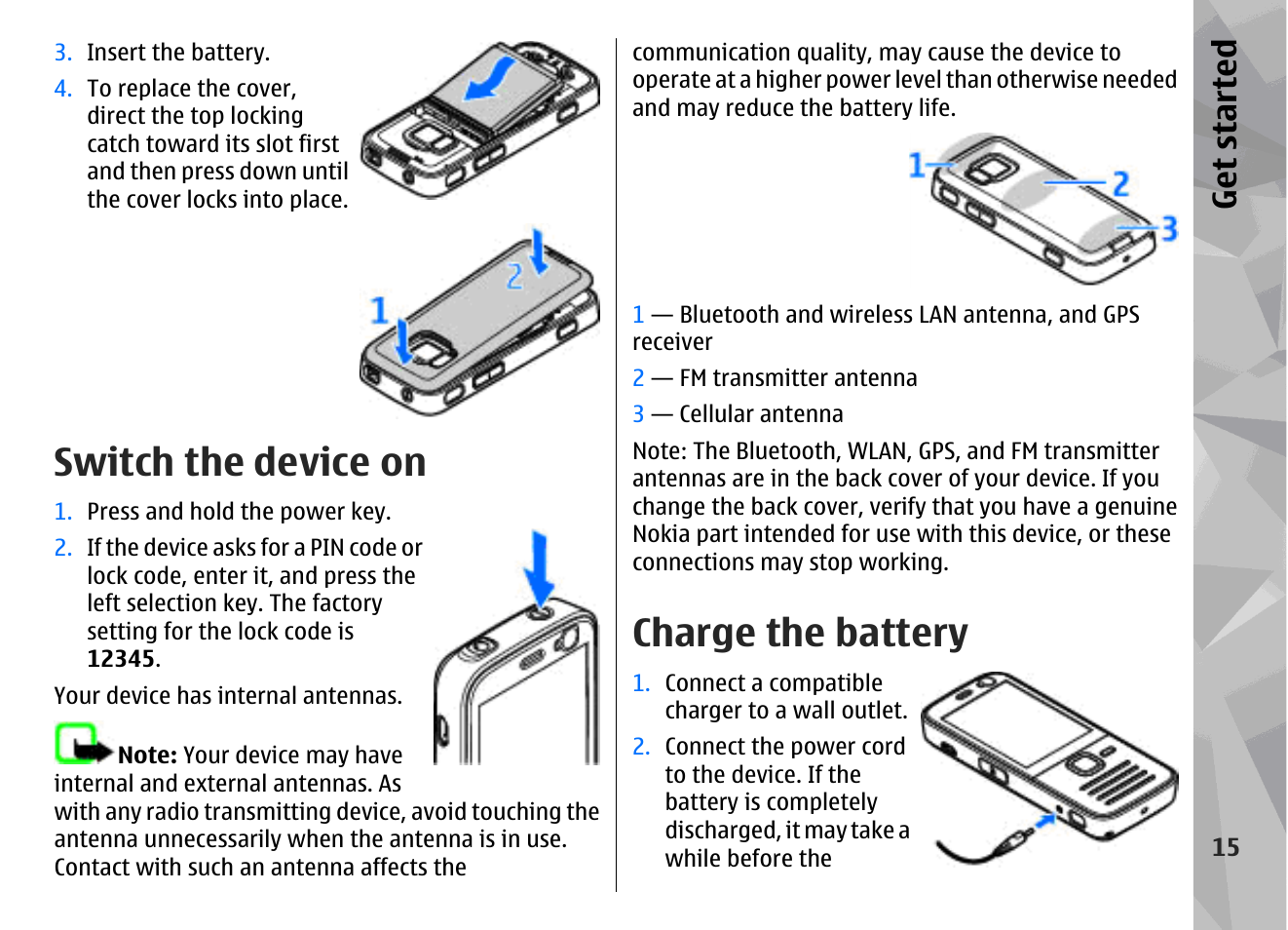 Switch the device on, Charge the battery, Get started | Nokia N78 User Manual | Page 15 / 368