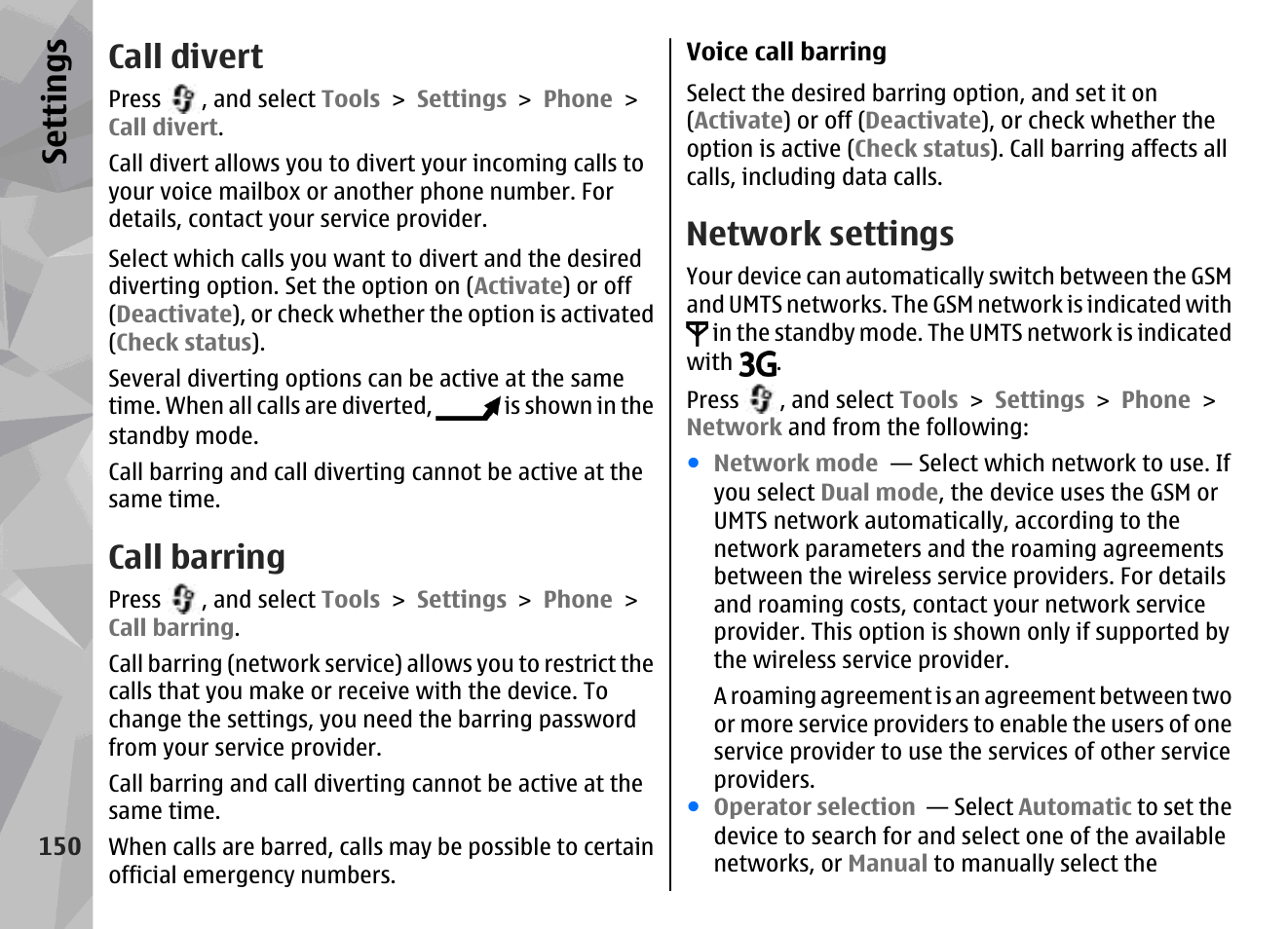 Call divert, Call barring, Network settings | Se ttings | Nokia N78 User Manual | Page 150 / 368