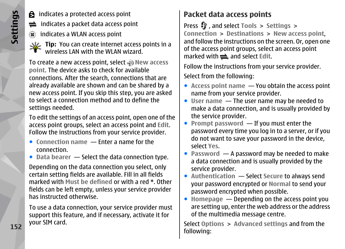 Packet data access points, Se ttings | Nokia N78 User Manual | Page 152 / 368