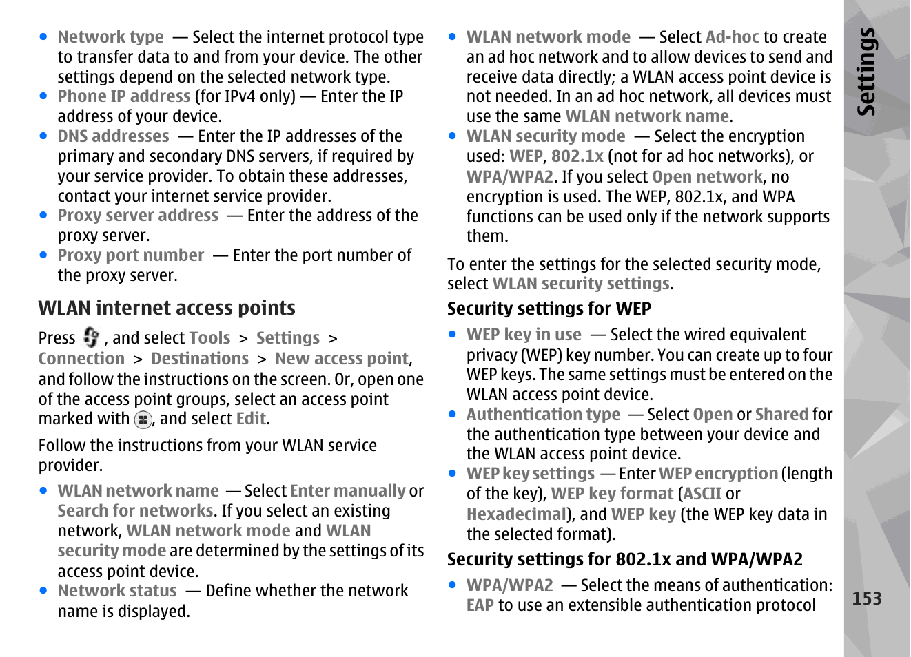 Wlan internet access points, Se ttings | Nokia N78 User Manual | Page 153 / 368