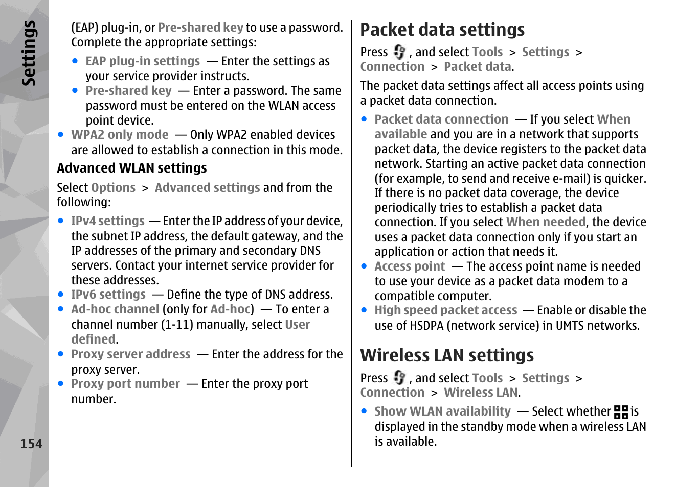 Packet data settings, Wireless lan settings, Se ttings | Nokia N78 User Manual | Page 154 / 368