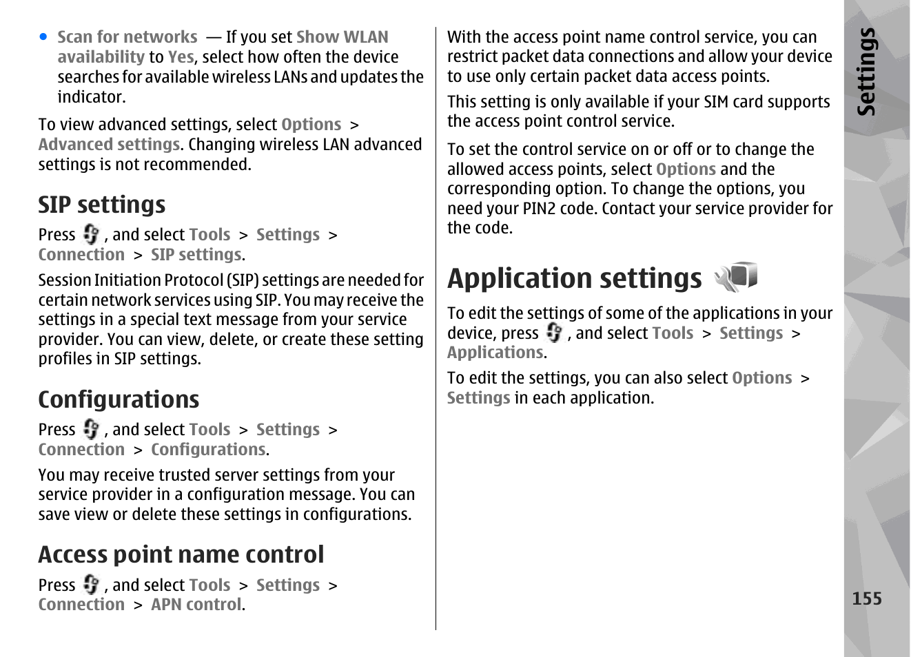 Sip settings, Configurations, Access point name control | Application settings, Se ttings | Nokia N78 User Manual | Page 155 / 368
