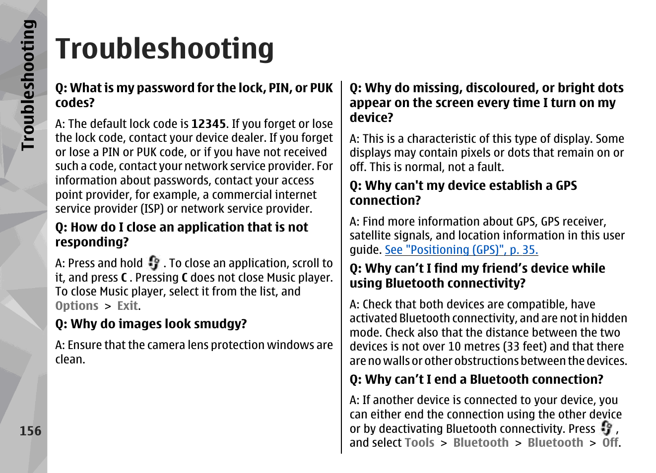 Troubleshooting, Troubl es hooti ng | Nokia N78 User Manual | Page 156 / 368