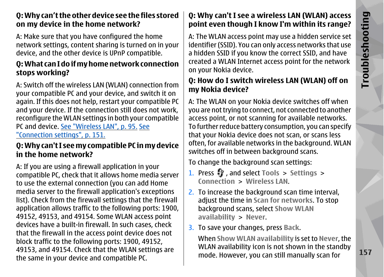Troubl es hooti ng | Nokia N78 User Manual | Page 157 / 368