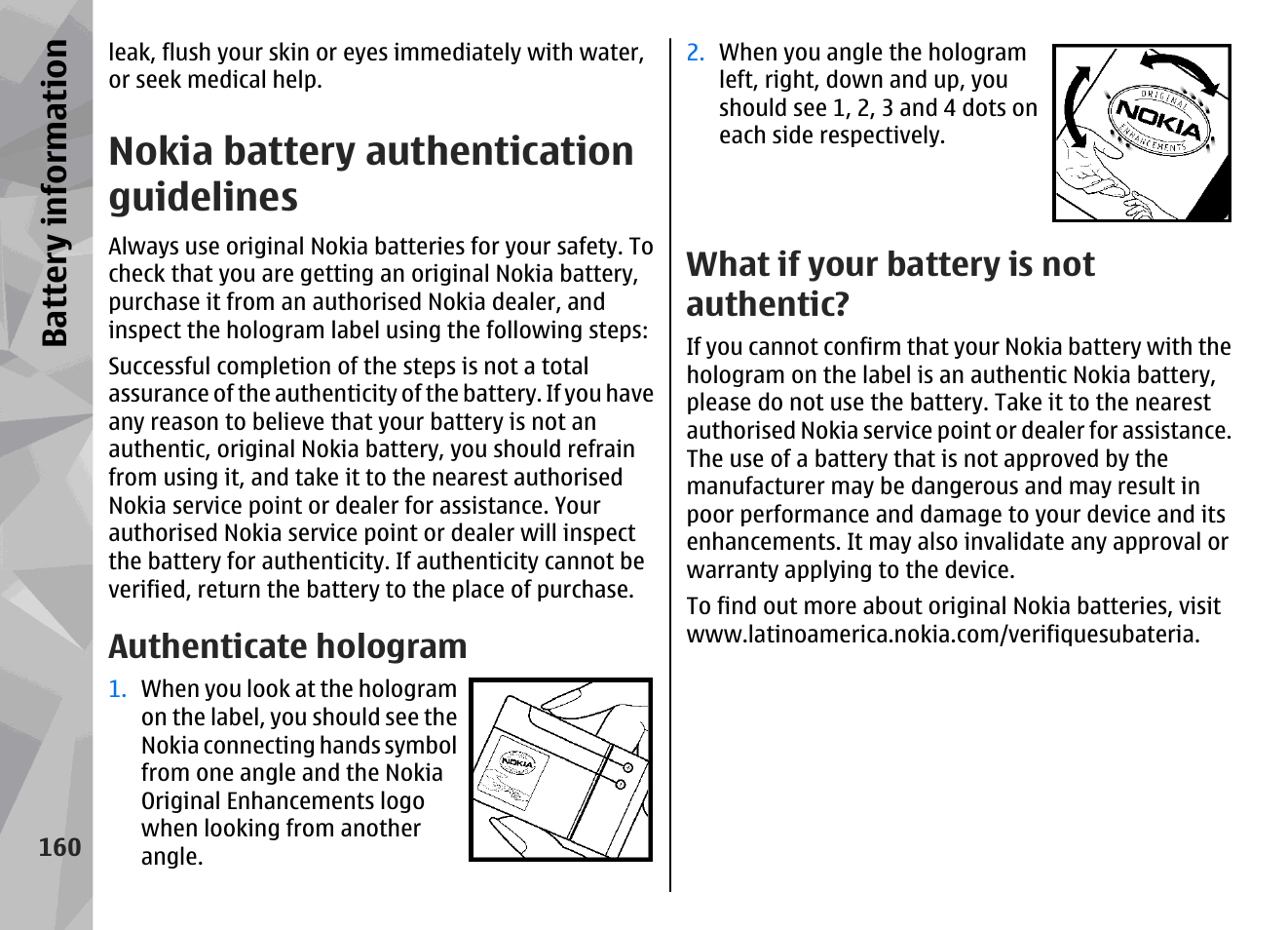 Nokia battery authentication guidelines, Authenticate hologram, What if your battery is not authentic | Battery information | Nokia N78 User Manual | Page 160 / 368