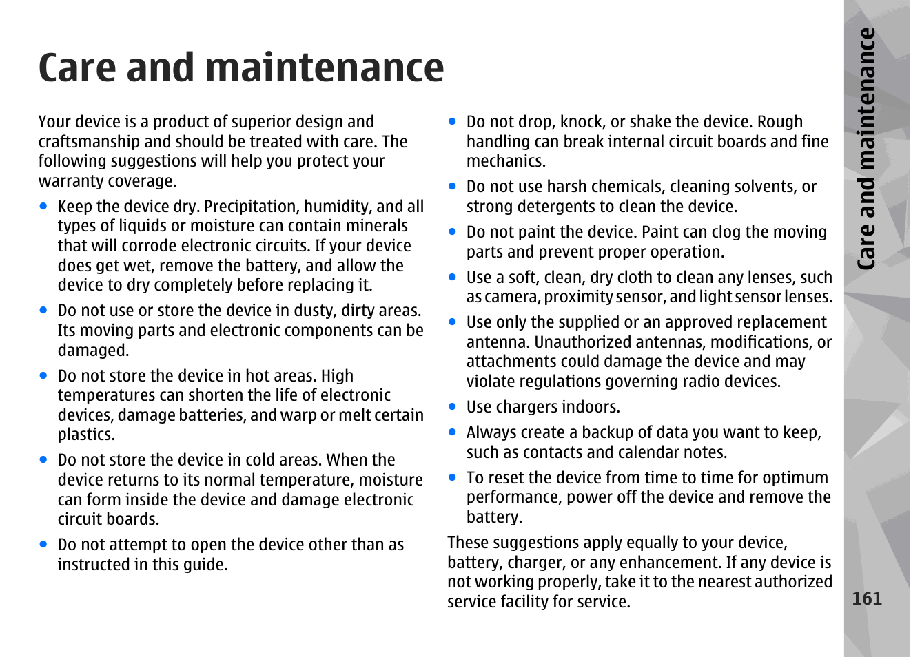 Care and maintenance, Ca re a nd ma intena nce | Nokia N78 User Manual | Page 161 / 368