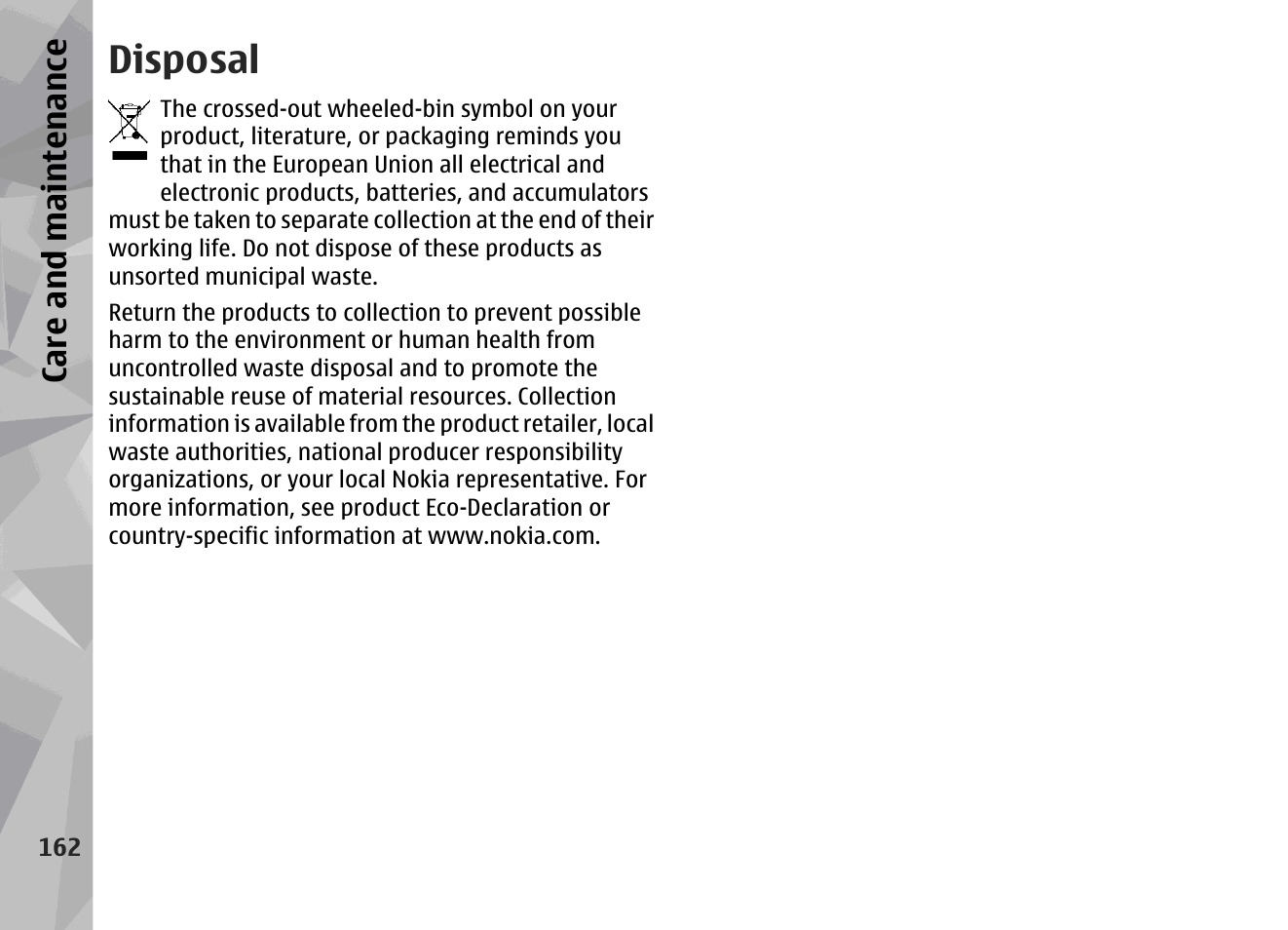 Disposal, Ca re a nd ma intena nce | Nokia N78 User Manual | Page 162 / 368