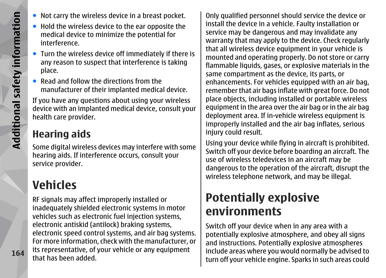 Hearing aids, Vehicles, Potentially explosive environments | Additional safety information | Nokia N78 User Manual | Page 164 / 368