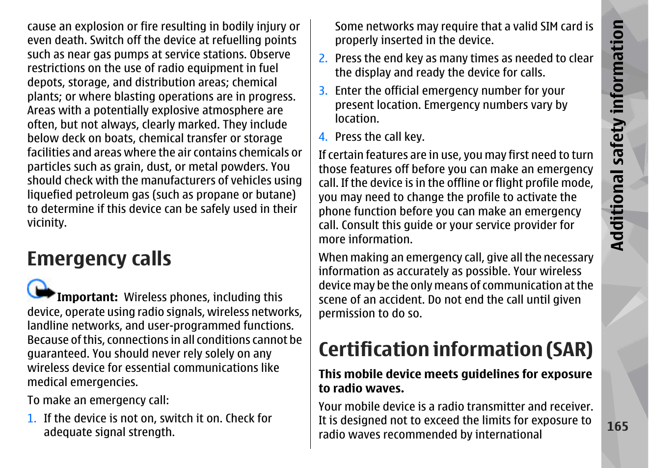 Emergency calls, Certification information (sar), Additional safety information | Nokia N78 User Manual | Page 165 / 368