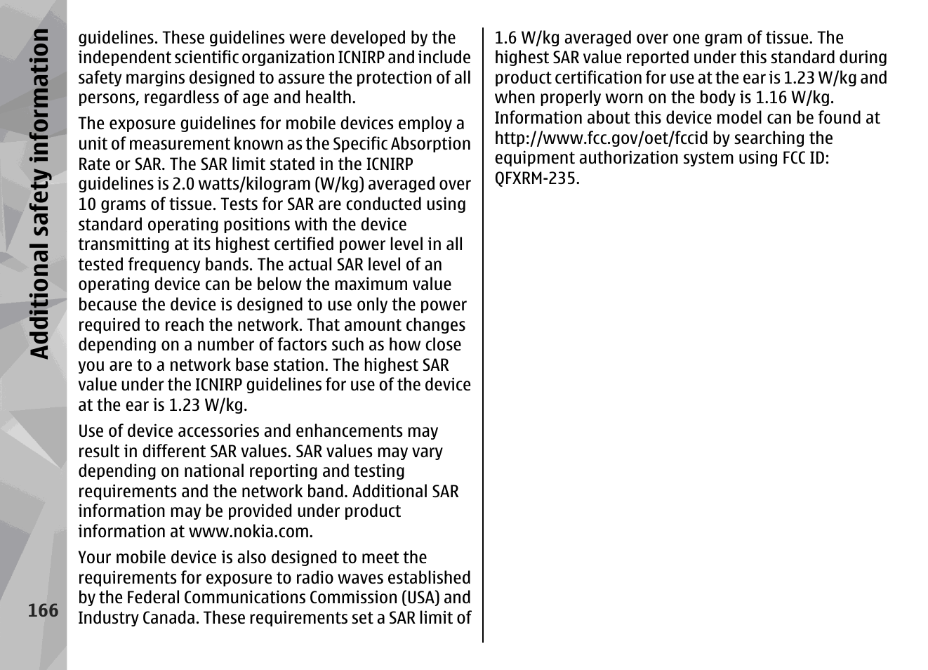 Additional safety information | Nokia N78 User Manual | Page 166 / 368