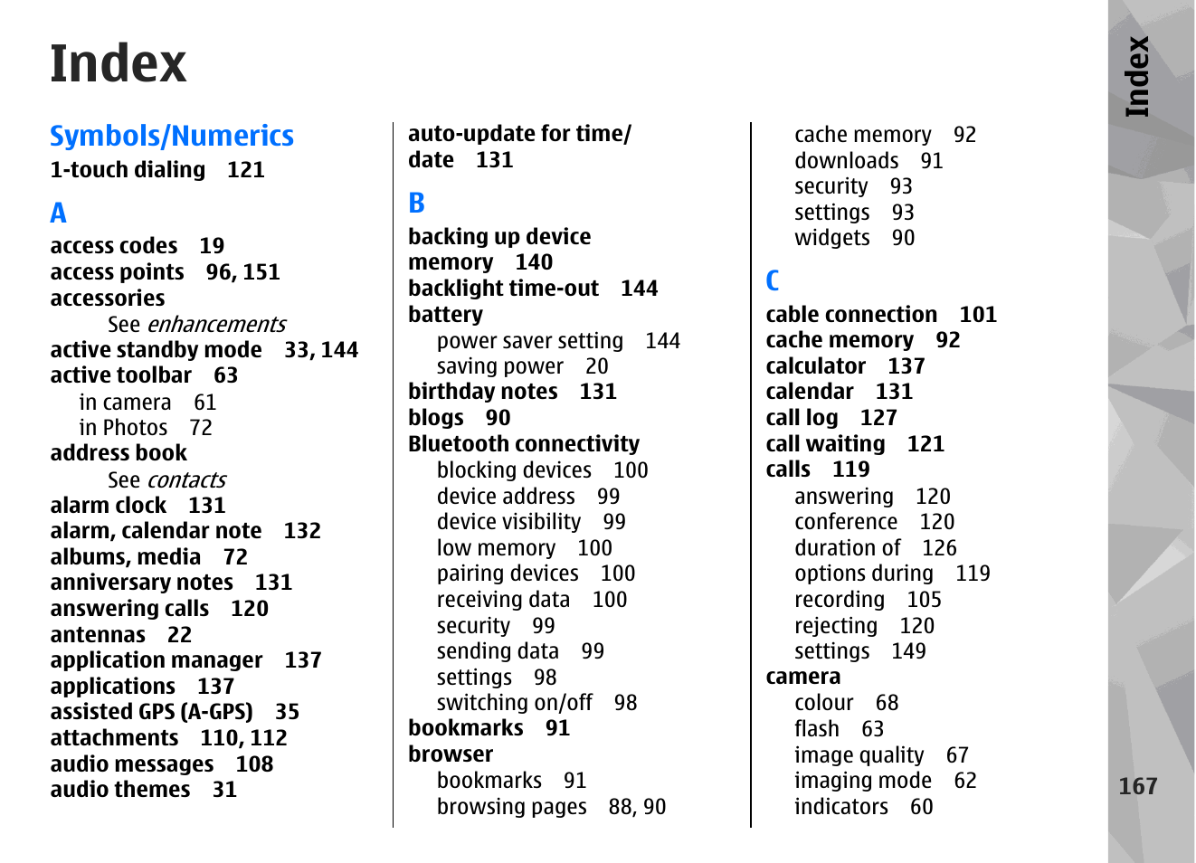 Index, Symbols/numerics | Nokia N78 User Manual | Page 167 / 368