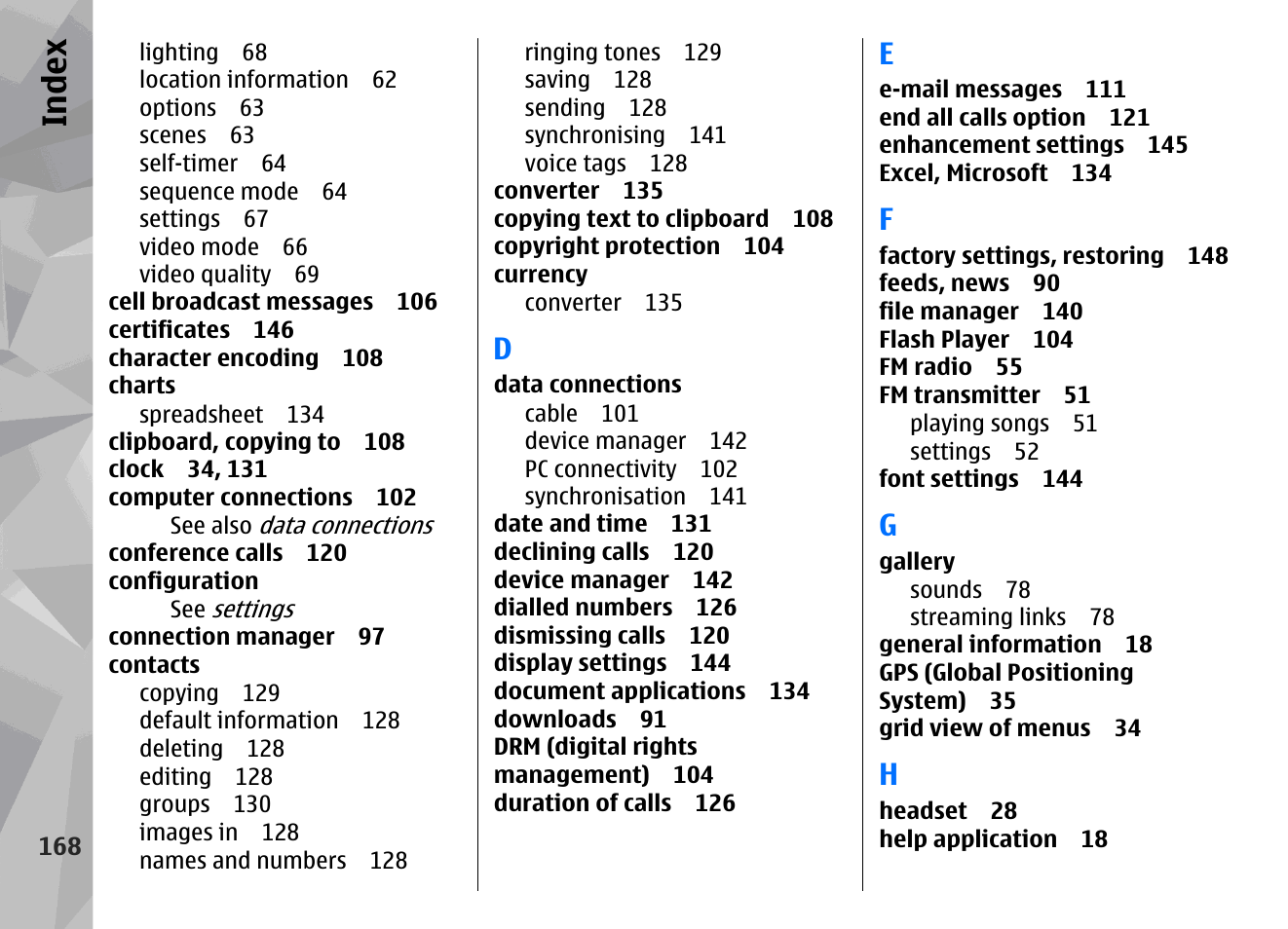Index | Nokia N78 User Manual | Page 168 / 368