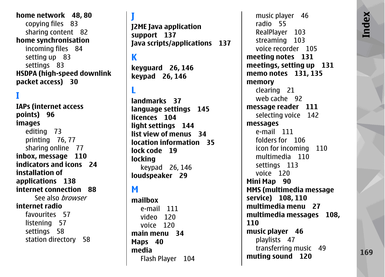Index | Nokia N78 User Manual | Page 169 / 368