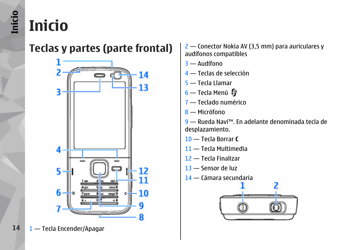 Inicio, Teclas y partes (parte frontal) | Nokia N78 User Manual | Page 186 / 368