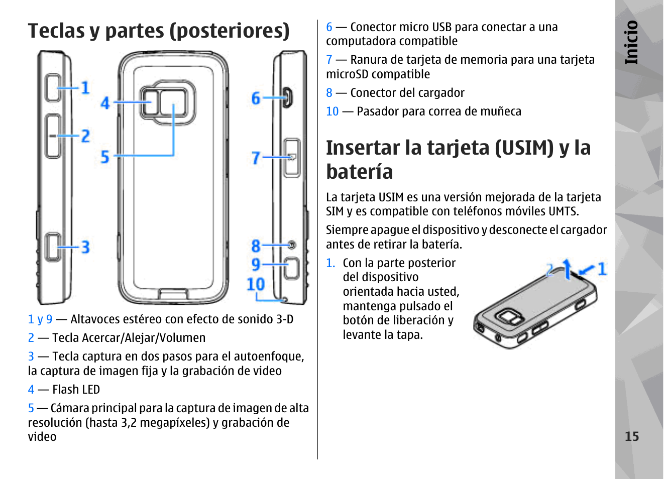 Teclas y partes (posteriores), Insertar la tarjeta (usim) y la batería, Inicio | Nokia N78 User Manual | Page 187 / 368
