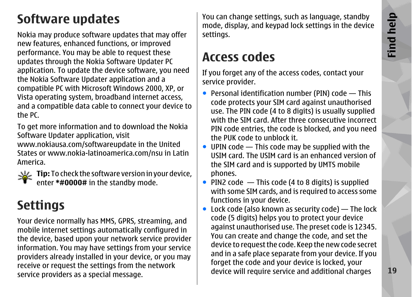 Software updates, Settings, Access codes | Find hel p | Nokia N78 User Manual | Page 19 / 368