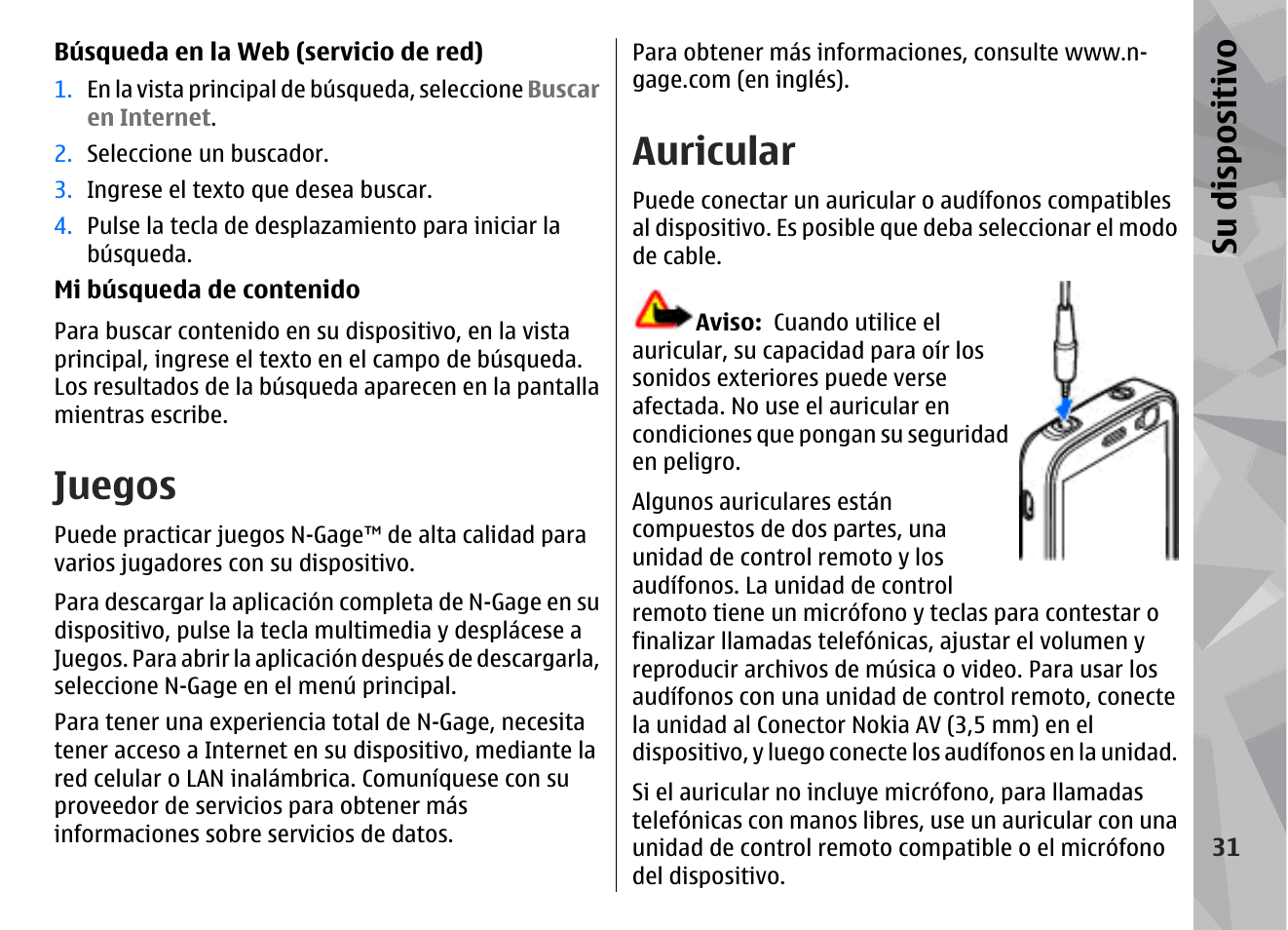 Juegos, Auricular, Su dis pos itivo | Nokia N78 User Manual | Page 203 / 368