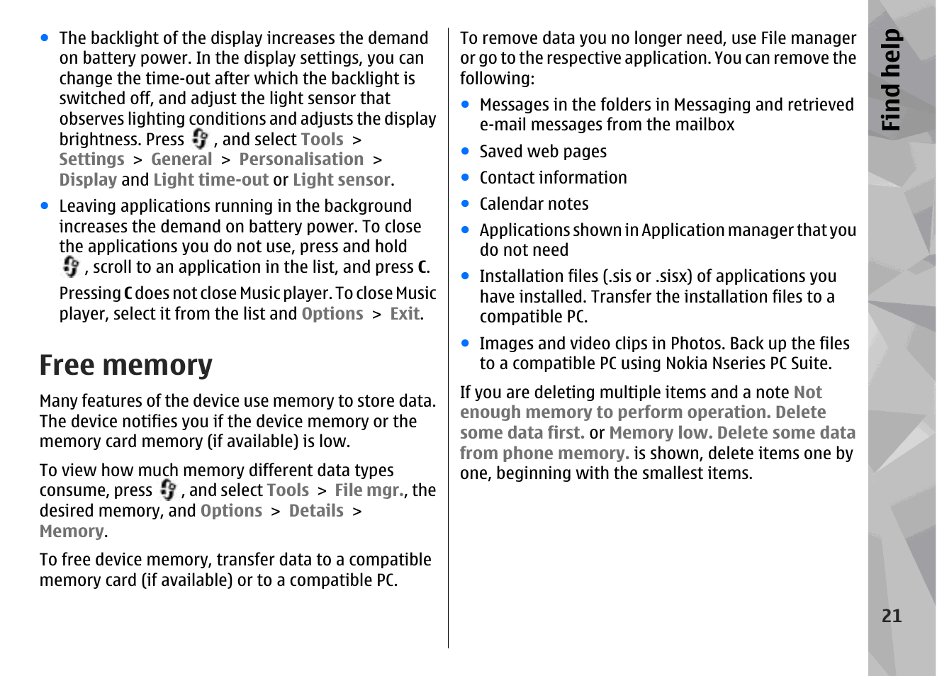 Free memory, Find hel p | Nokia N78 User Manual | Page 21 / 368