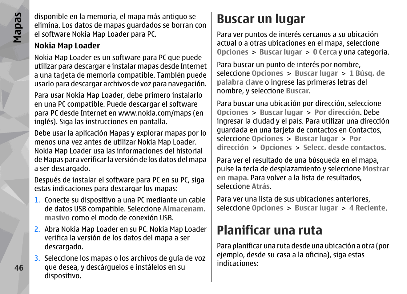 Buscar un lugar, Planificar una ruta, Mapas | Nokia N78 User Manual | Page 218 / 368