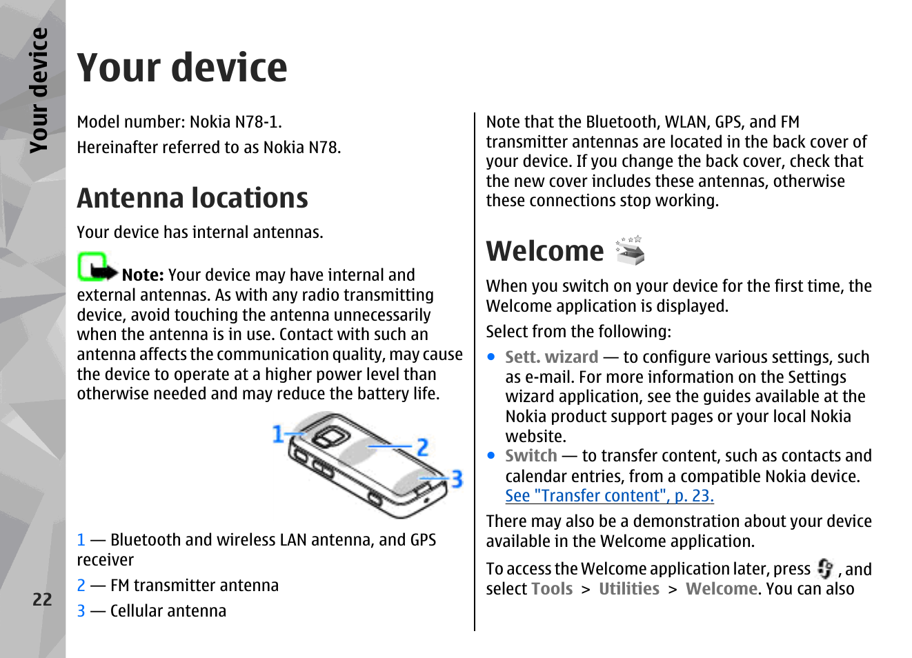 Your device, Antenna locations, Welcome | Nokia N78 User Manual | Page 22 / 368