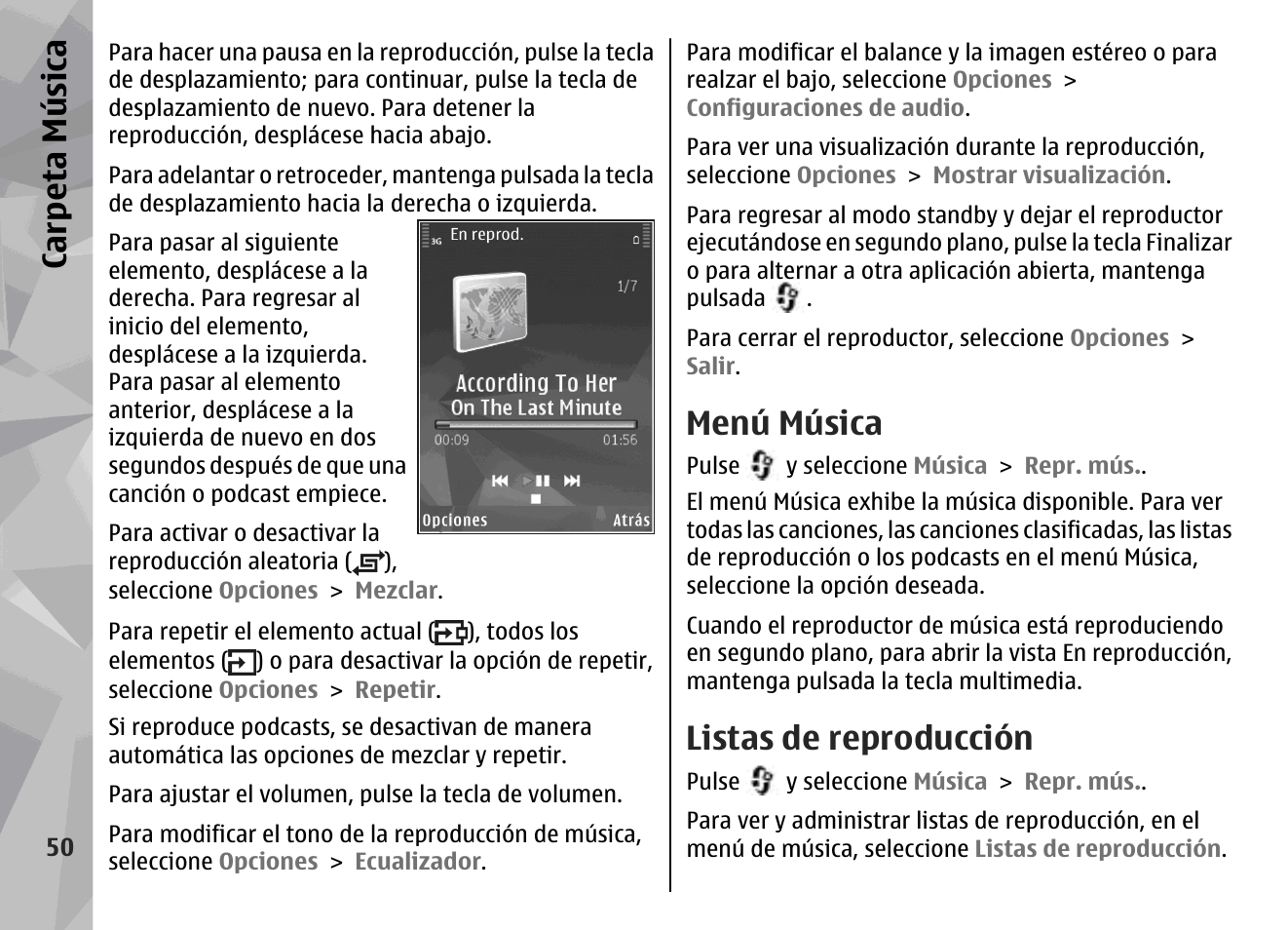 Menú música, Listas de reproducción, Carp eta música | Nokia N78 User Manual | Page 222 / 368