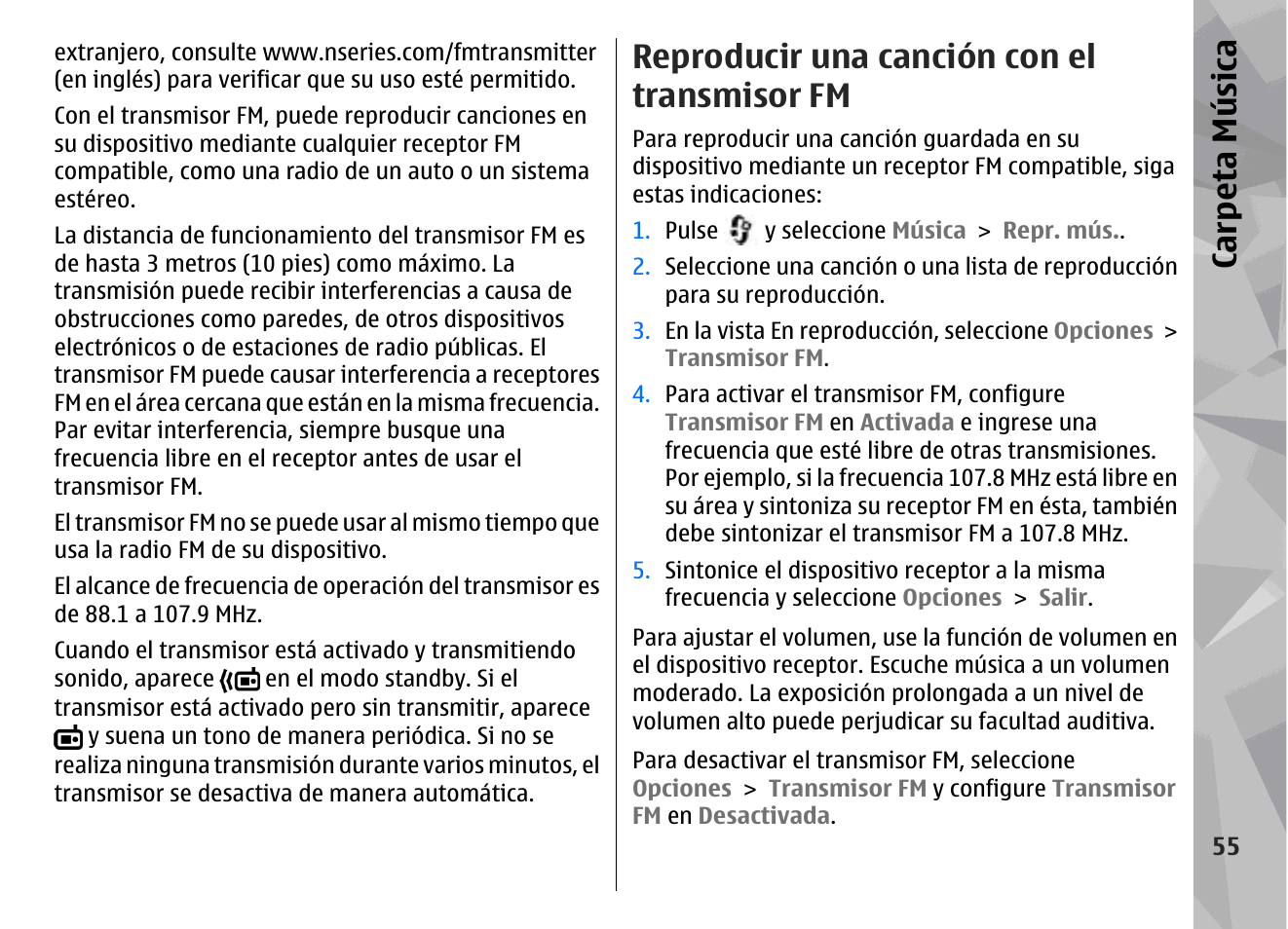 Reproducir una canción con el transmisor fm, Éreo, Consulte | Reproducir una canción con el transmisor, Fm", pág. 55, Carp eta música | Nokia N78 User Manual | Page 227 / 368