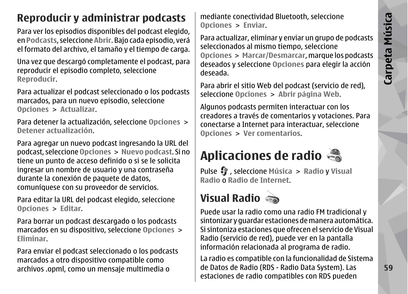 Reproducir y administrar podcasts, Aplicaciones de radio, Visual radio | Carp eta música | Nokia N78 User Manual | Page 231 / 368