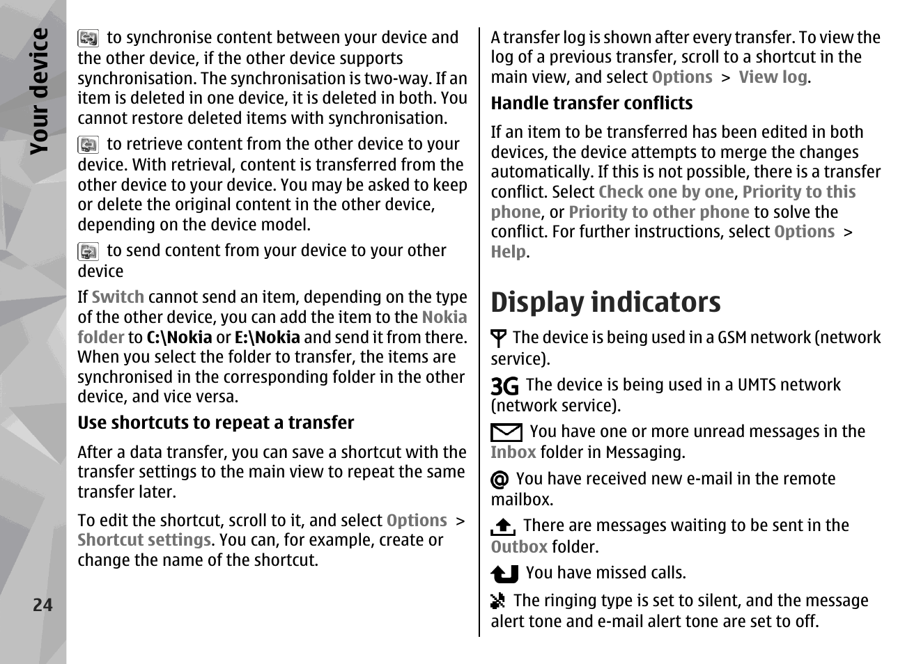 Display indicators, Your device | Nokia N78 User Manual | Page 24 / 368