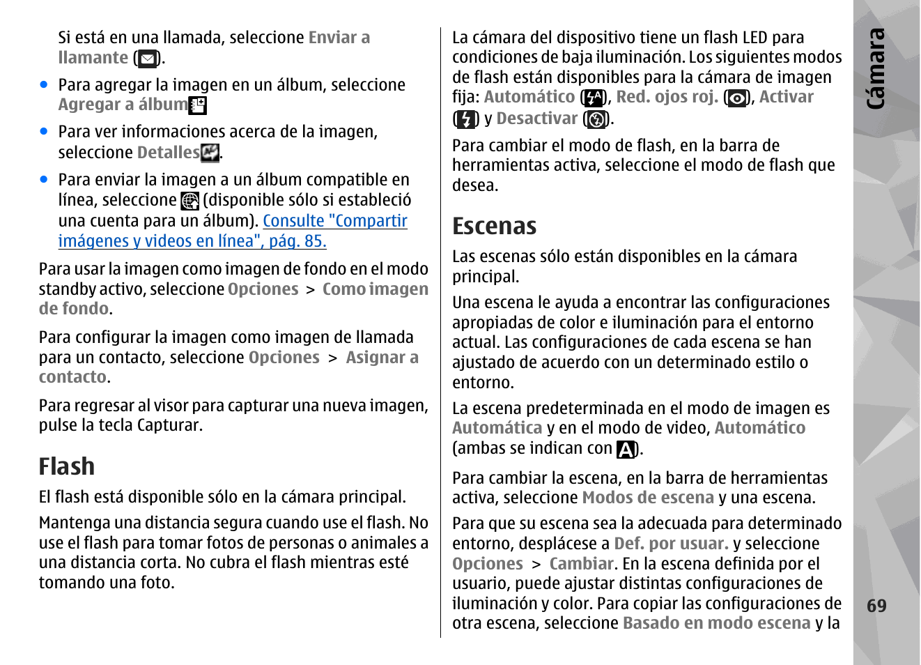 Flash, Escenas, Cá mara | Nokia N78 User Manual | Page 241 / 368