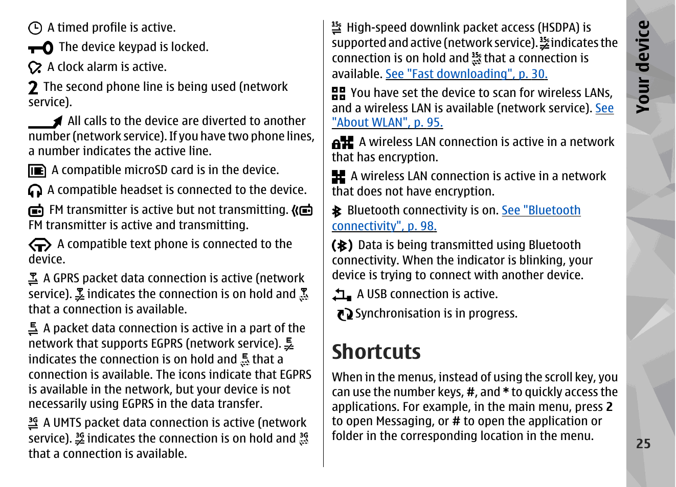 Shortcuts, Your device | Nokia N78 User Manual | Page 25 / 368