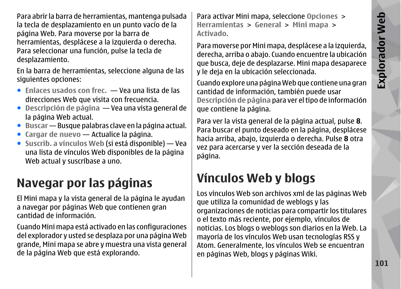Vínculos web y blogs, Navegar por las páginas, Expl orad or we b | Nokia N78 User Manual | Page 273 / 368
