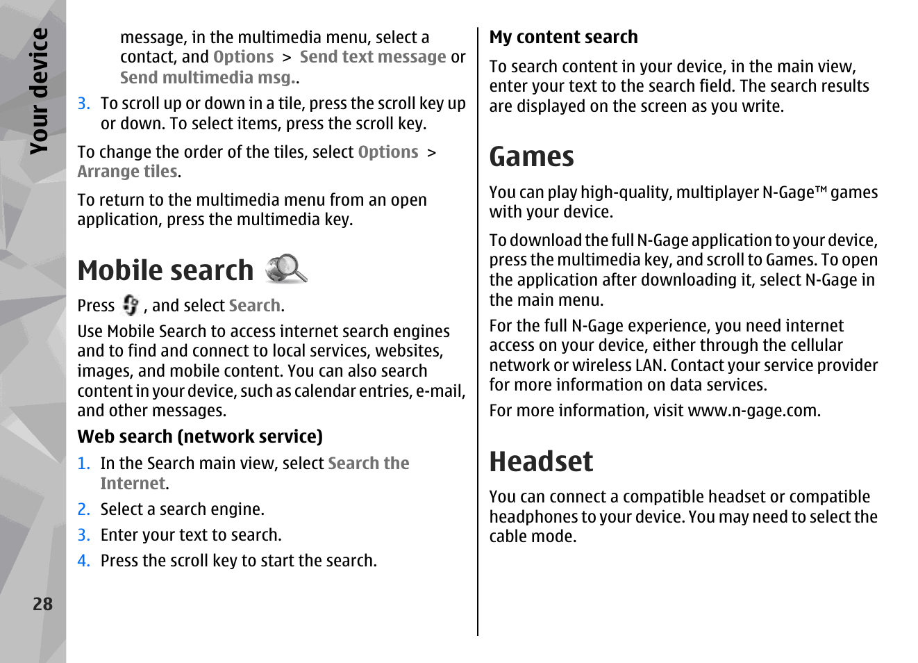 Mobile search, Games, Headset | Your device | Nokia N78 User Manual | Page 28 / 368