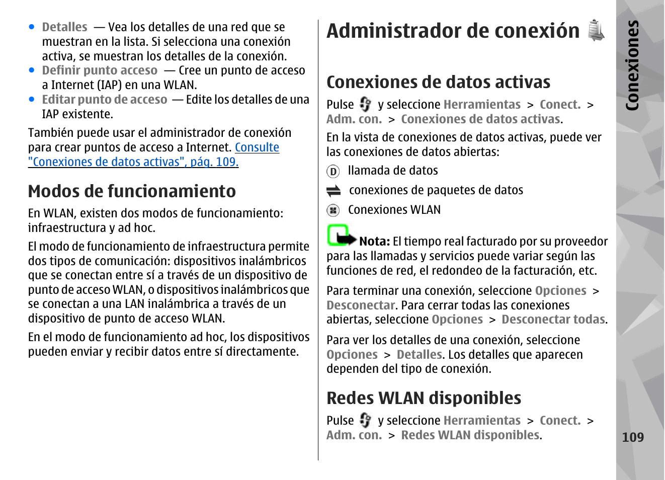 Modos de funcionamiento, Administrador de conexión, Conexiones de datos activas | Redes wlan disponibles, Conexiones | Nokia N78 User Manual | Page 281 / 368