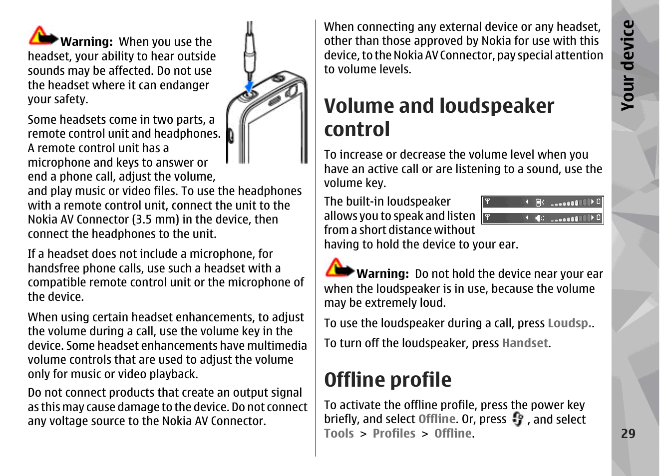 Volume and loudspeaker control, Offline profile, Your device | Nokia N78 User Manual | Page 29 / 368