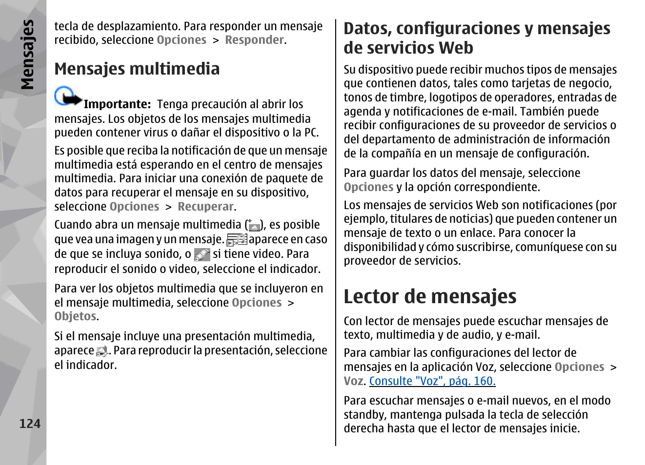 Mensajes multimedia, Datos, configuraciones y mensajes de servicios web, Lector de mensajes | Datos, configuraciones y mensajes de servicios, Mensajes | Nokia N78 User Manual | Page 296 / 368