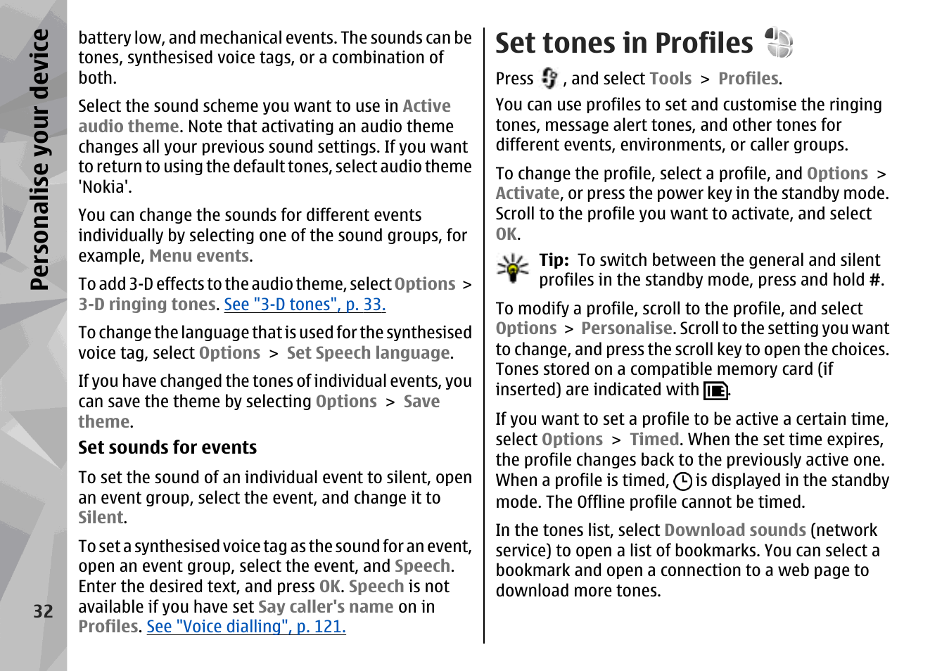 Set tones in profiles, Persona lise your de vice | Nokia N78 User Manual | Page 32 / 368